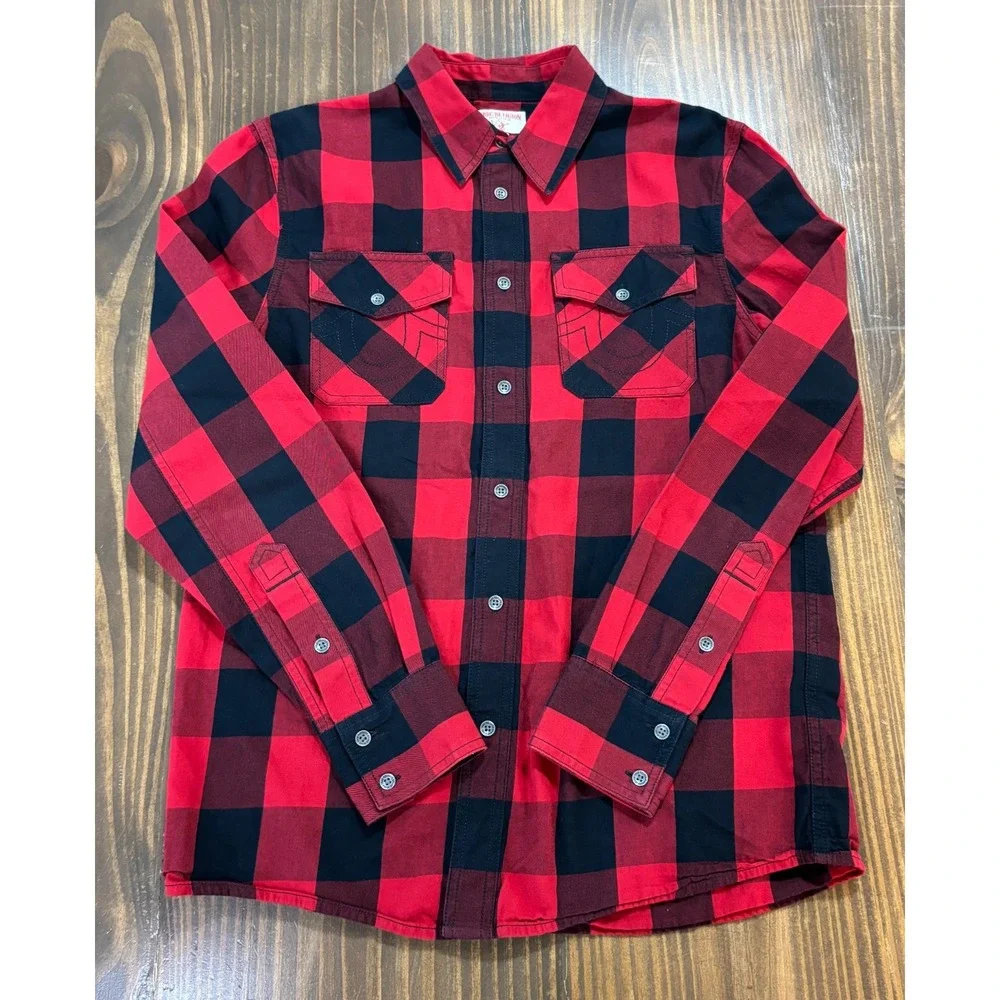 TRUE RELIGION Brand‎ Jeans Mens Small Red Black Buffalo Plaid Flannel Shirt
